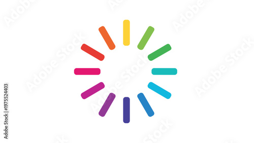 Rainbow colored loading or progress indicator wheel consisting of twelve circular dashes arranged in a circle.