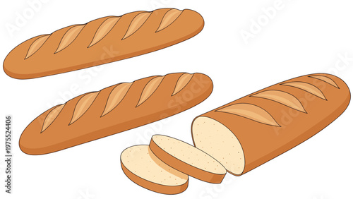 Freshly baked french baguette bread showing whole loaves and several slices arranged together on a plain white background for food themes.