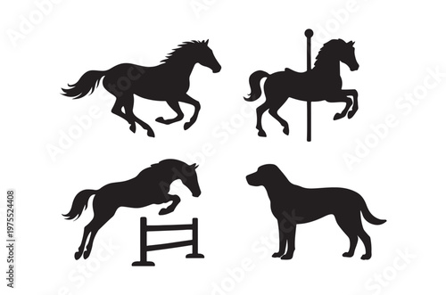 Silhouette illustrations of horses jumping and a dog standing