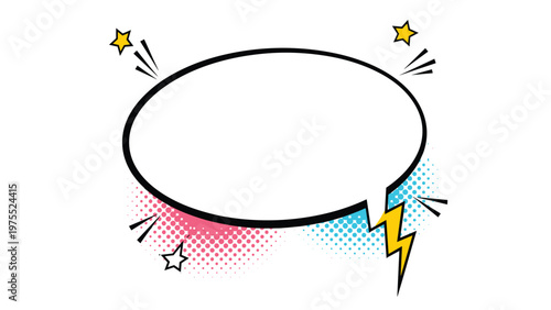 Retro comic style speech bubble with colorful halftone dots and lightning bolt accents for expressive graphic design and communication.