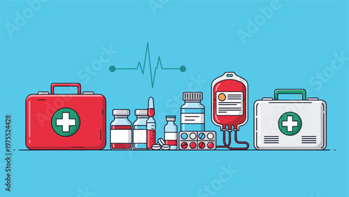 Medical equipment collection with first aid kits medicine bottles syringe and blood bag on a blue background for healthcare concepts.