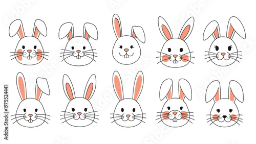 Selection of ten charming rabbit faces with various facial features and ear styles for character design and animal icons.