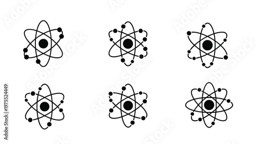 Scientific illustration of different atomic structure models showing a central nucleus and orbiting electrons in a simple black style.