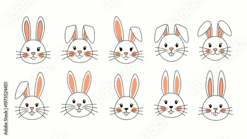 Grid of ten cute bunny face illustrations with different expressions and ear positions in a simple line art style for easter themes.