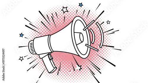 Comic style megaphone illustration with rays and stars representing loud announcement and marketing messages for advertising themes.