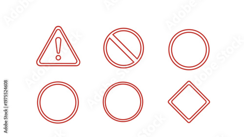 Set of red outline icons featuring a warning triangle with exclamation mark, a prohibited sign, circles, and diamond.