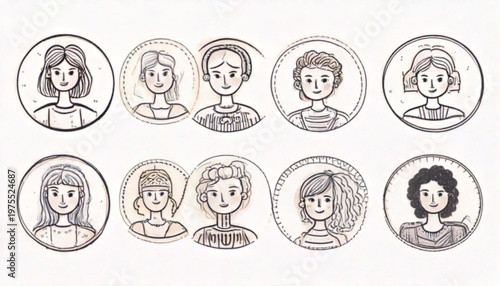 Portraits of diverse individuals in circular frames, showcasing various hairstyles and expressions.