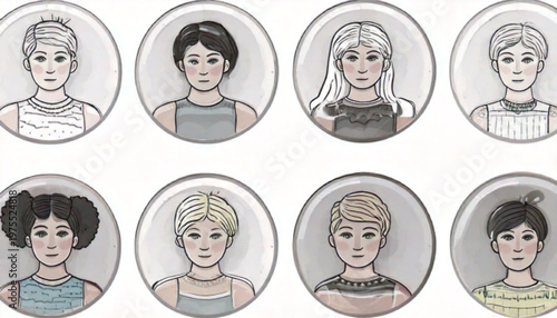 Portraits of diverse women in circular frames, artistic and unique.