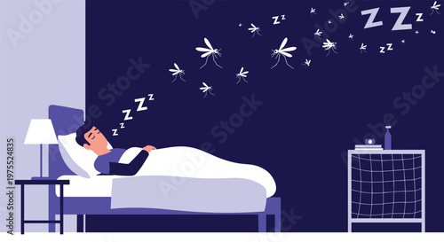 Man sleeping peacefully in his bed at night while a swarm of mosquitoes fly above him in the dark room.