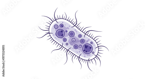 Detailed illustration of a purple microscopic bacterium or virus with multiple long flagella and internal structures.