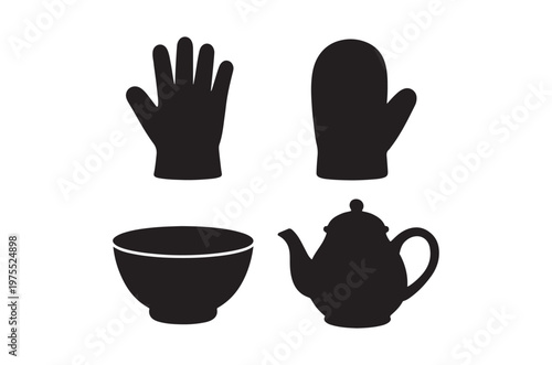 Black silhouette icons of kitchenware including a glove bowl and teapot