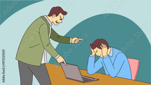 Vector illustration of angry manager pointing at employee. Workplace bullying, toxic boss, job stress, harassment, corporate conflict, and office abuse concept.