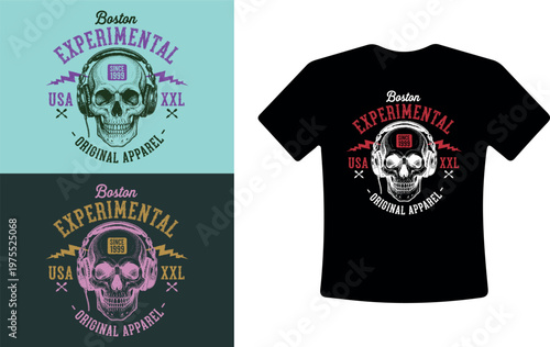 Experimental Boston T-Shirt Design with Skull and Headphones