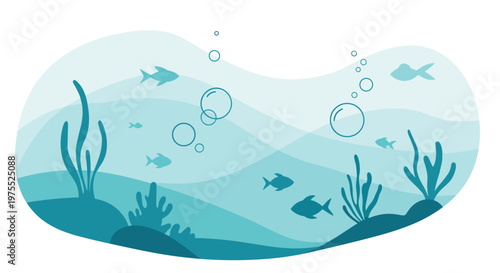 Serene underwater landscape featuring various fish silhouettes, aquatic plants, and rising air bubbles in shades of blue.