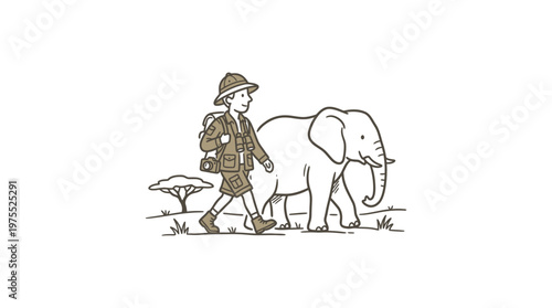 Young Explorer Walking With Elephant On Safari