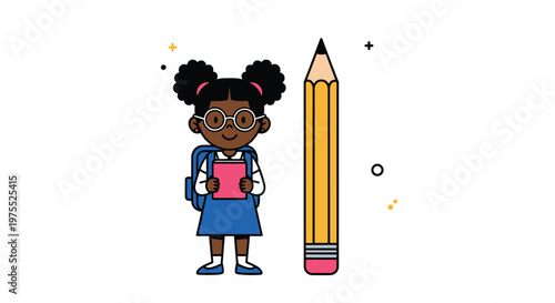 Young black girl with glasses and pigtails wearing a school uniform holds a pink book next to a giant yellow pencil in a studio setting.