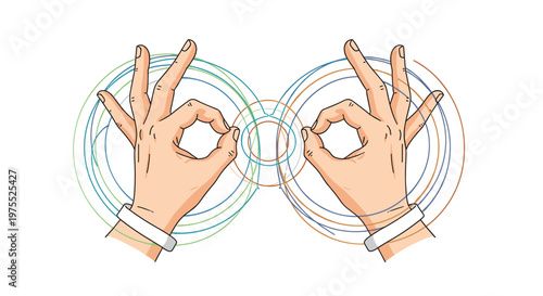Human hands making ok gestures over their eyes like binoculars with abstract circular lines and colorful shapes on a plain white background.