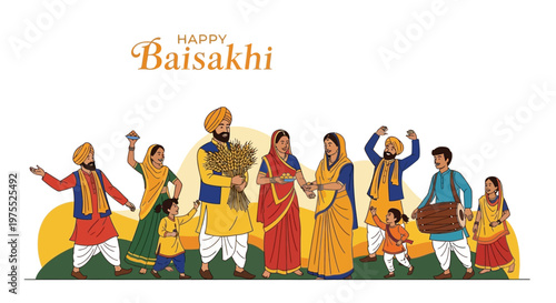 Vaisakhi festival illustration featuring a group of people celebrating the Punjabi harvest festival with traditional attire and musical instruments against a bright background