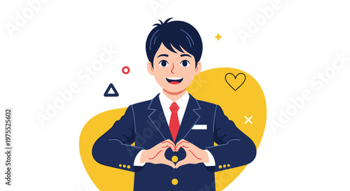Smiling young man in a dark blue business suit making a heart gesture with his hands against a yellow abstract background.