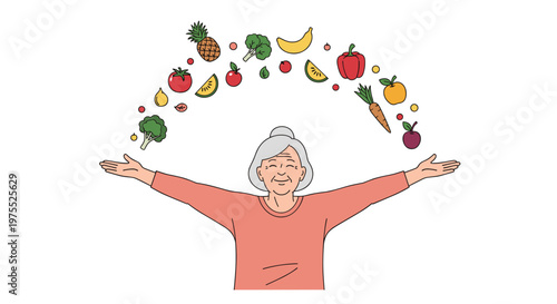 Happy elderly woman with her arms spread wide as a variety of healthy fruits and vegetables float in an arc above her on a white background.