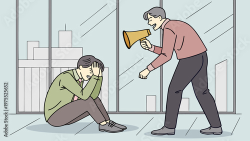 Vector illustration of manager firing employee aggressively. Workplace violence, toxic office culture, job insecurity, corporate conflict, stress, and termination concept.