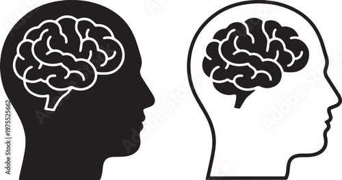 human mind silhouettes with brain representing dual perspectives vector illustration