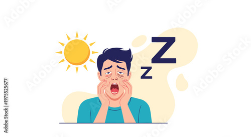 Exhausted man with dark circles under his eyes yawning during the day with sun and sleep symbols showing fatigue and insomnia.