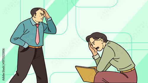 Vector illustration of angry boss yelling at stressed employee in office. Workplace conflict, toxic management, job pressure, burnout, and corporate stress concept.