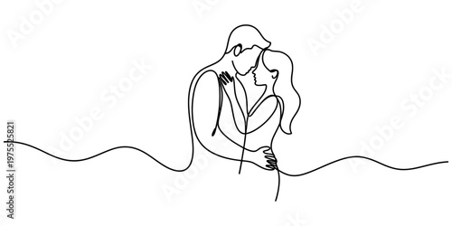 A beautiful continuous line drawing featuring a romantic couple embracing in a loving moment. Vector, illustration