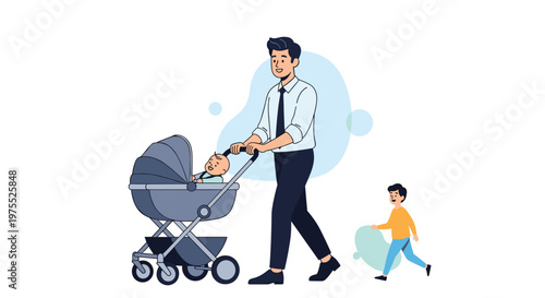 Young father in a white shirt and tie pushes a baby stroller while his older son runs happily beside them in a clean studio setting.