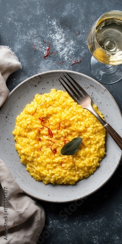 Creamy saffron risotto and white wine serving on a dark rustic table, ready for a gourmet italian dinner
