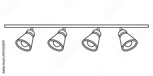 A simple black and white line drawing of a track lighting fixture with four adjustable lamp heads Vector, illustration