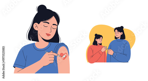 Young woman in a blue shirt points to a heart-shaped bandage on her arm while other people in the background also receive their vaccines.