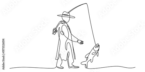 A minimalist single line drawing of an angler wearing a hat while catching a fish on a line. Vector, illustration