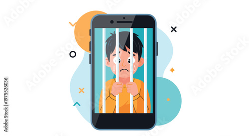 Sad young boy with tears in his eyes looks through the metal bars of a prison cell on a smartphone screen representing digital addiction.