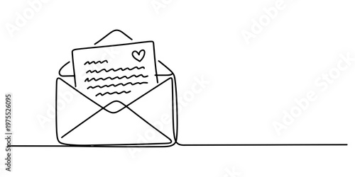 A simple continuous line drawing of an open envelope containing a letter with a small heart icon Vector, illustration
