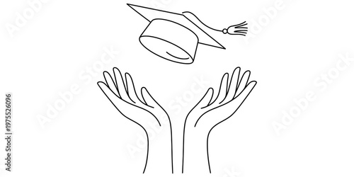 A simple black and white line drawing of two hands reaching upward towards a graduation cap icon Vector, illustration