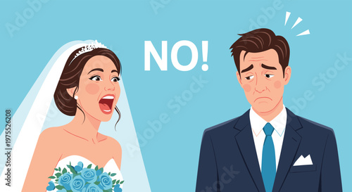 Angry bride in a white wedding dress shouting no at a sad and disappointed groom during their marriage ceremony on a blue background.