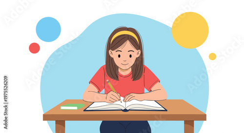 Diligent young girl student sitting at a wooden desk and writing in her notebook with a pencil during a school lesson or study session.