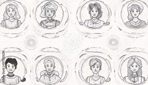 Portraits of diverse individuals in circular frames, artistic and detailed.