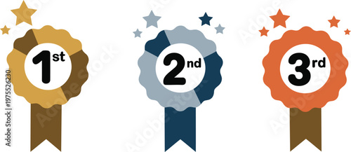 First second third place award badges collection with 1st 2nd 3rd labels, winner medals in gold silver bronze colors, premium ranking icons set for competition results and achievements.