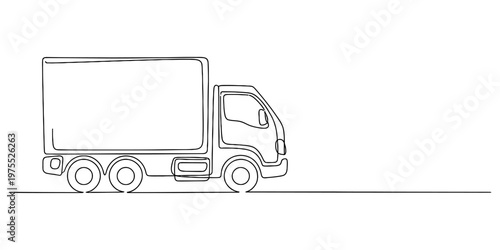 A single continuous line drawing of a cargo delivery truck moving forward on a white background Vector, illustration