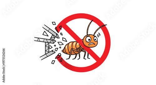 Cartoon termite eating through a wooden structure inside a red prohibition sign representing pest control and insect prevention services.