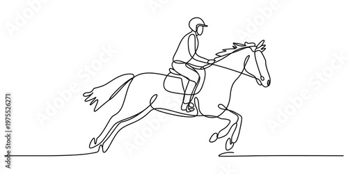 Continuous single line drawing of a person riding a horse running at high speed across the field Vector, illustration