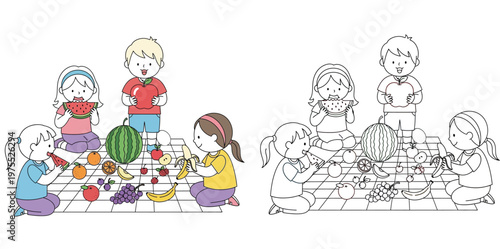 Happy kids having a healthy fruit picnic with watermelon, apples and grapes coloring page and colored illustration vector set for children's educational activity book and school project