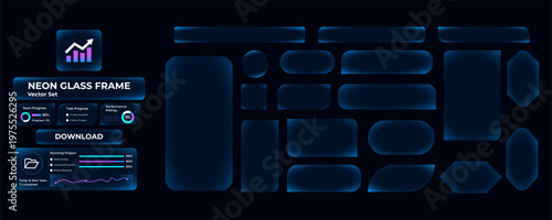 Neon glowing glass, UI frames. Realistic glass windows for interface and callouts. UI elements for Mobile App. Different types glass frames with glow and shimmer. Vector neon graphic collection.