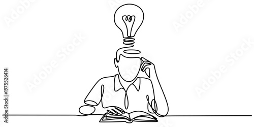 A continuous line drawing of a student reading a book with a lightbulb glowing above their head Vector, illustration