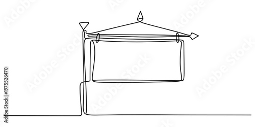 A minimalist single continuous line drawing of a hanging rectangular blank shop sign on a post Vector, illustration