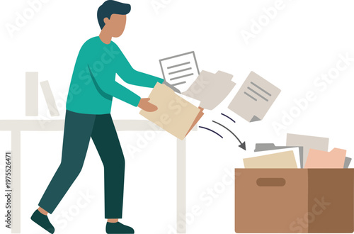 Man throwing papers into a cardboard box on a desk in an office.