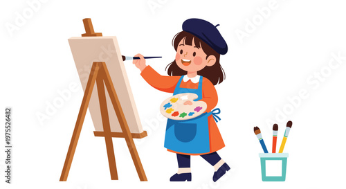 Creative young girl wearing a beret and apron painting on a canvas with a palette of colors in her hand on a white background.